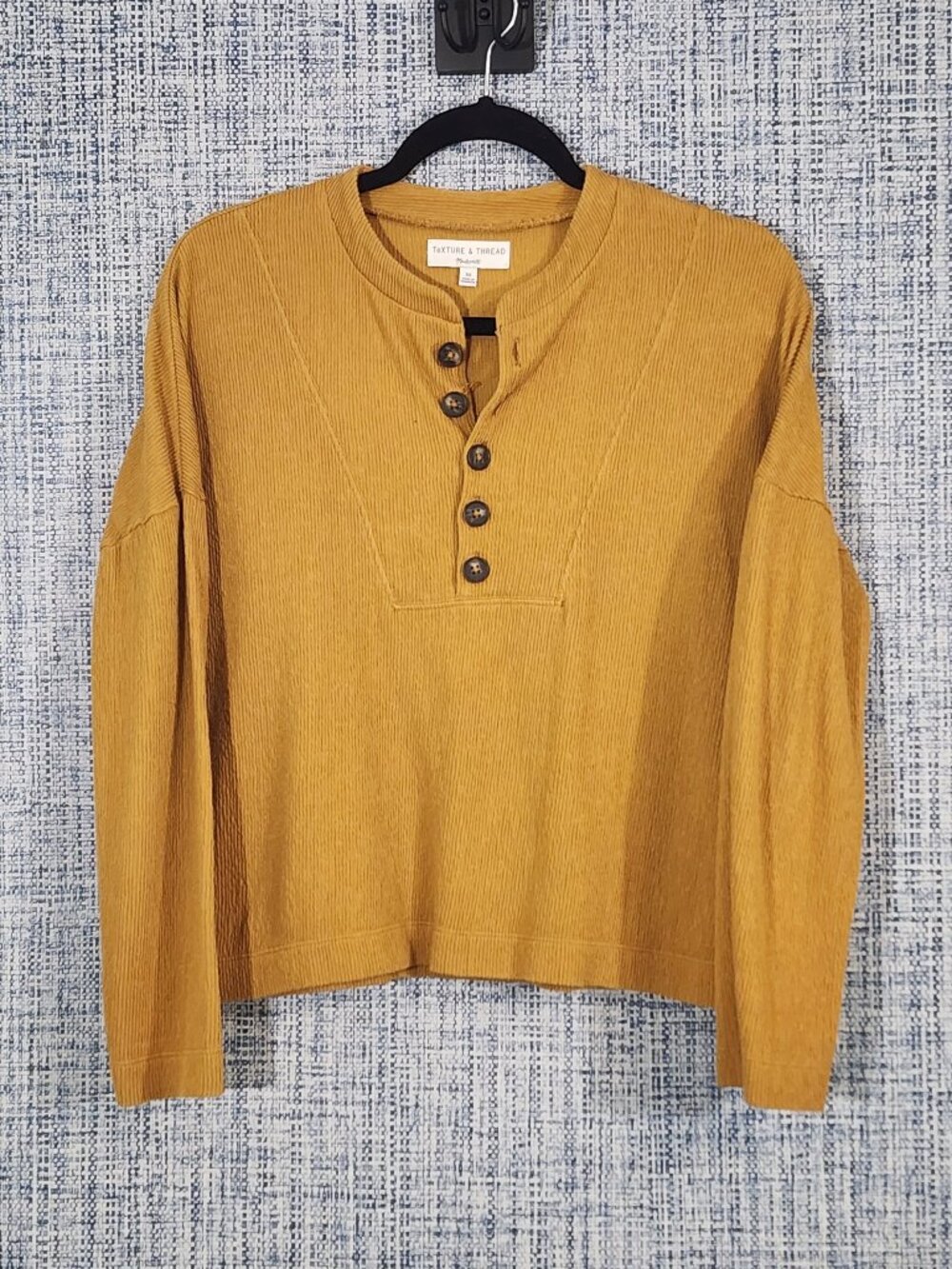 Madewell Texture Thread Womens XS Mustard Yellow Henley Long Sleeve Ribbed Top